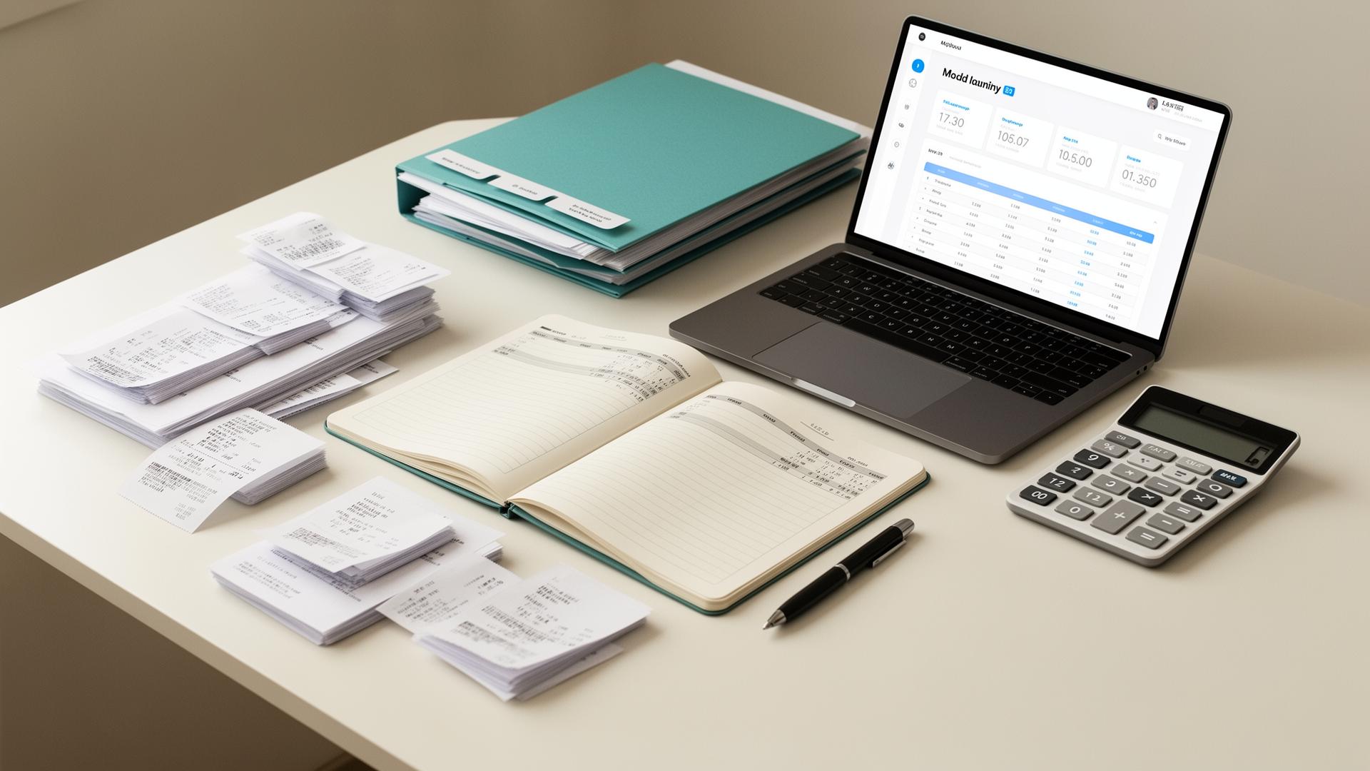Organised bookkeeping desk with receipts, ledger and monthly report on a laptop