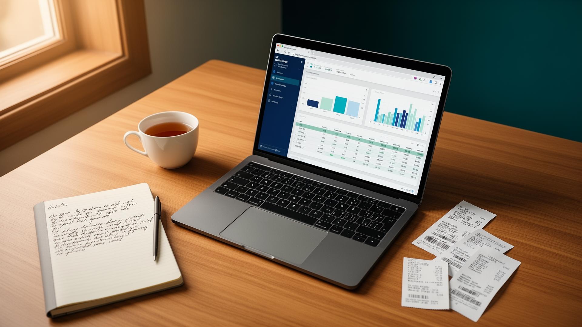 A clean organised desk with a laptop showing financial charts, a notebook, and tea — representing calm, organised bookkeeping