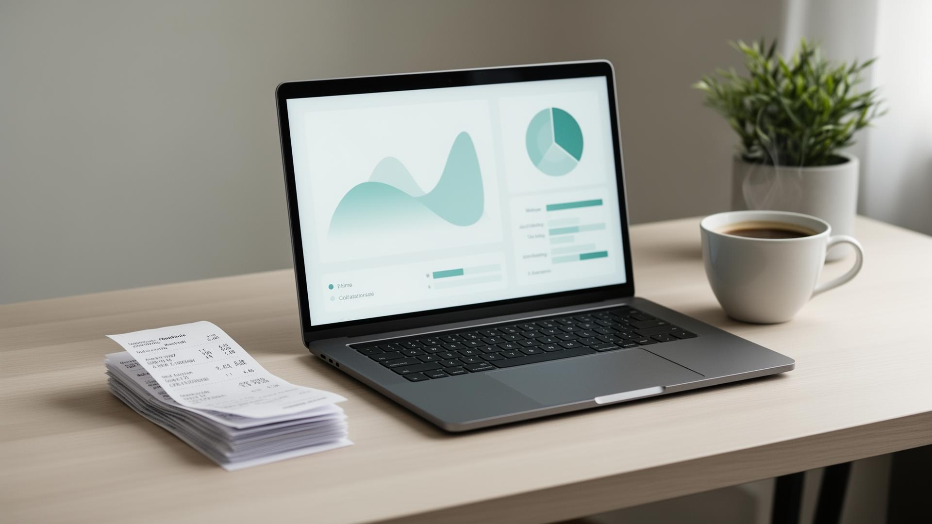 Organised bookkeeping workspace with laptop, receipts and coffee
